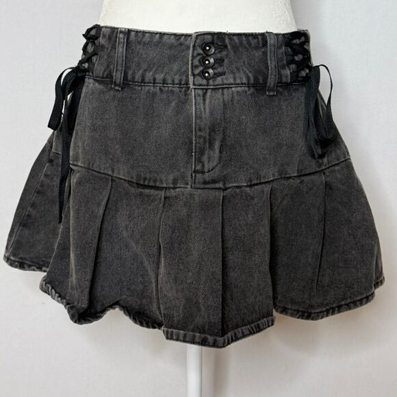 Social Collision denim pleated mini skirt with lace up detail - Picture 1 of 7